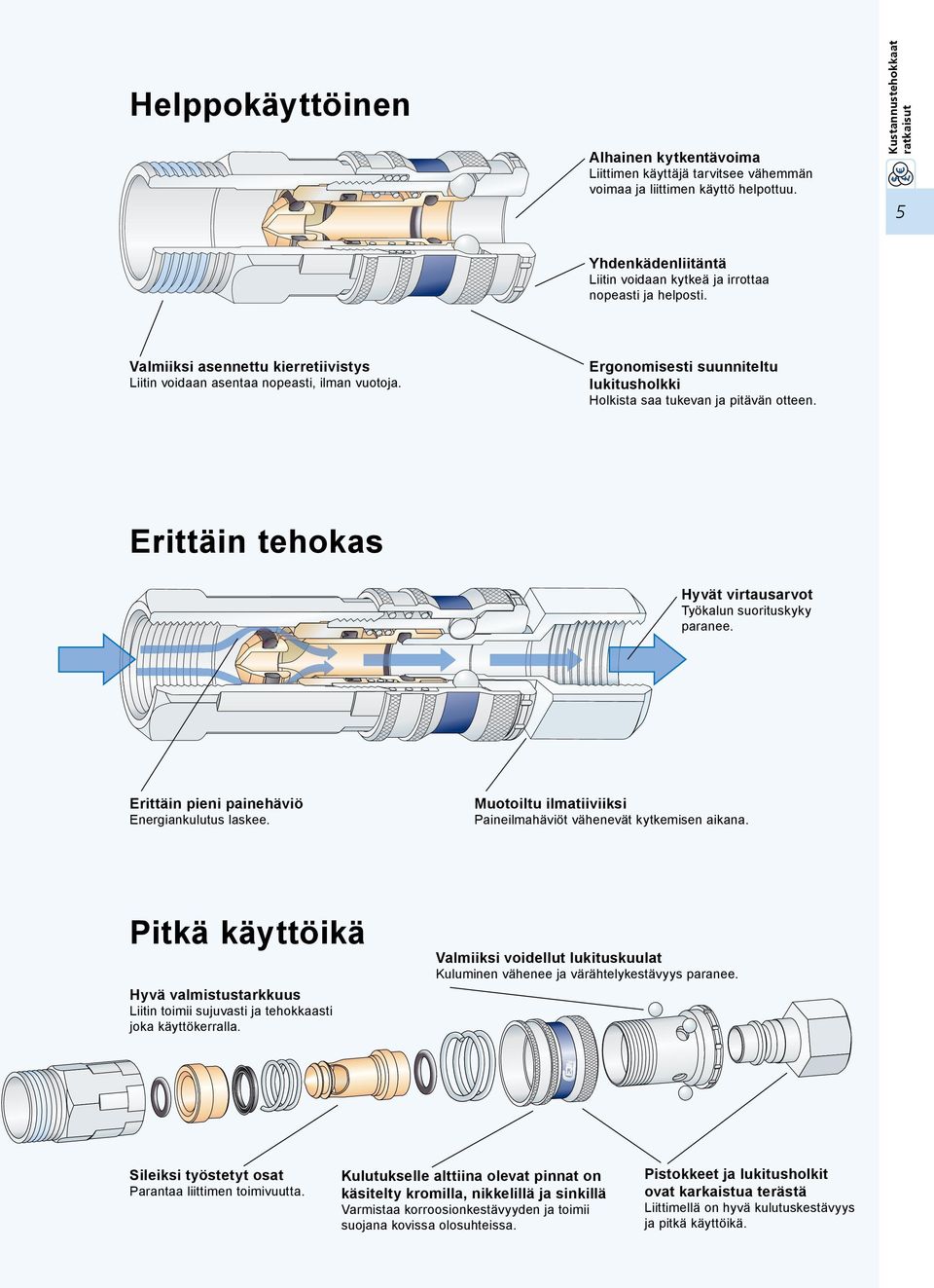 Ergonomisesti suunniteltu lukitusholkki Holkista saa tukevan ja pitävän otteen. Erittäin tehokas Hyvät virtausarvot Työkalun suorituskyky paranee. Erittäin pieni painehäviö Energiankulutus laskee.