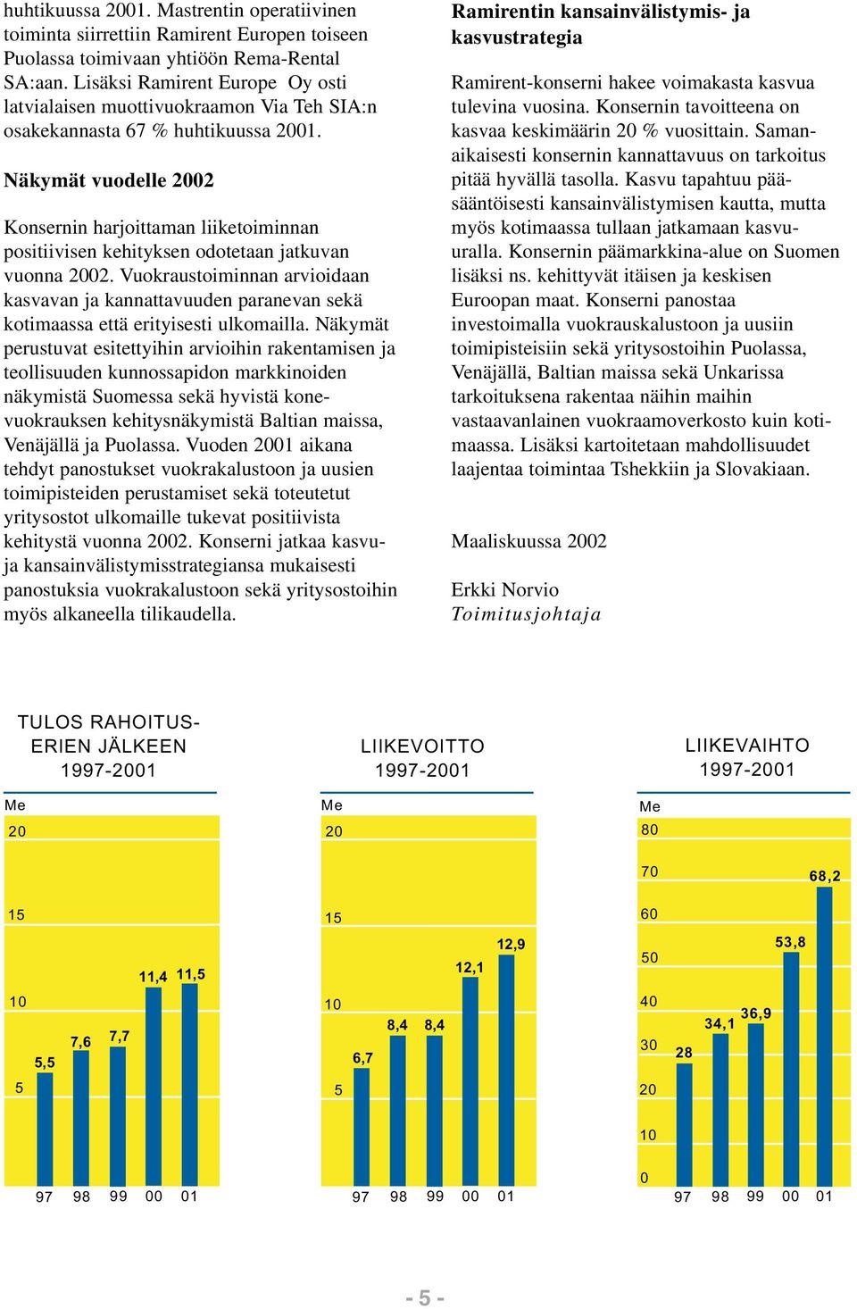 Näkymät vuodelle 2002 Konsernin harjoittaman liiketoiminnan positiivisen kehityksen odotetaan jatkuvan vuonna 2002.