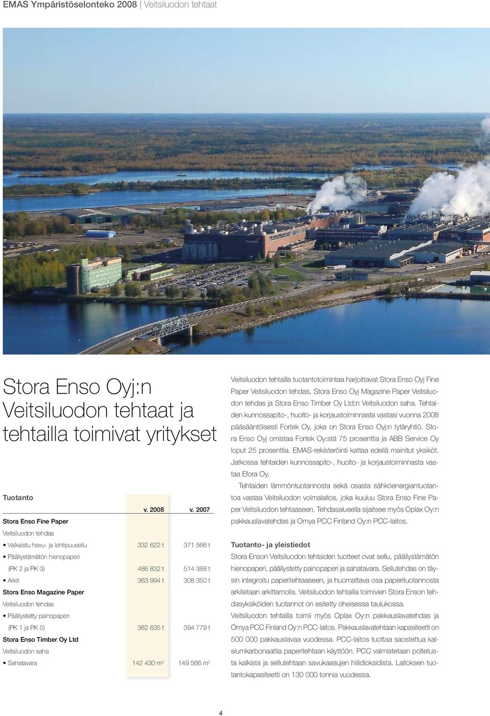 Magazine Paper Veitsiluodon tehdas Päällystetty painopaperi (PK 1 ja PK 5) 382 635 t 394 779 t Stora Enso Timber Oy Ltd Veitsiluodon saha Sahatavara 142 430 m 3 149 566 m 3 Veitsiluodon tehtailla