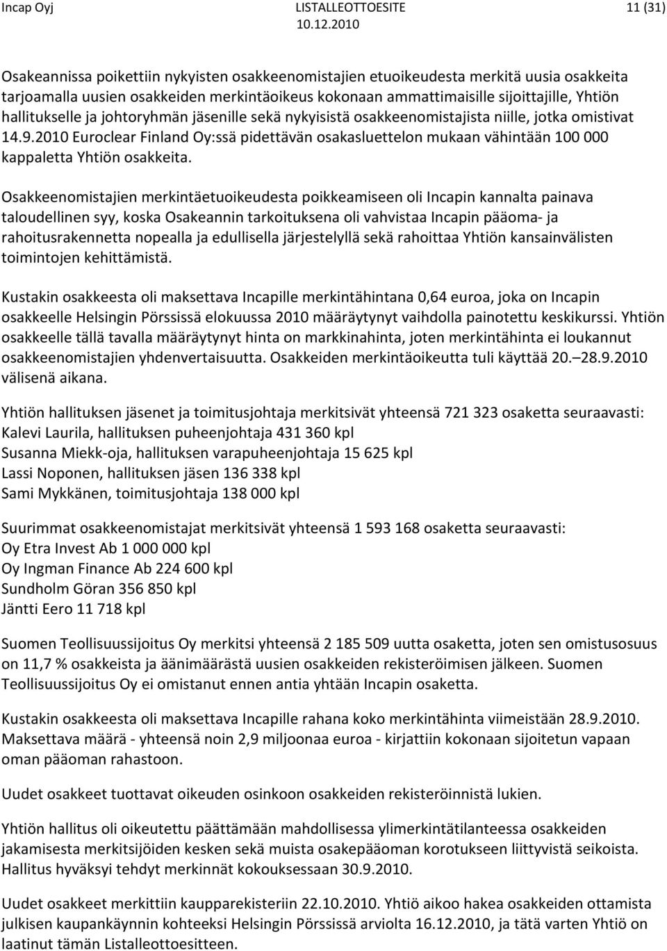 2010 Euroclear Finland Oy:ssä pidettävän osakasluettelon mukaan vähintään 100 000 kappaletta Yhtiön osakkeita.