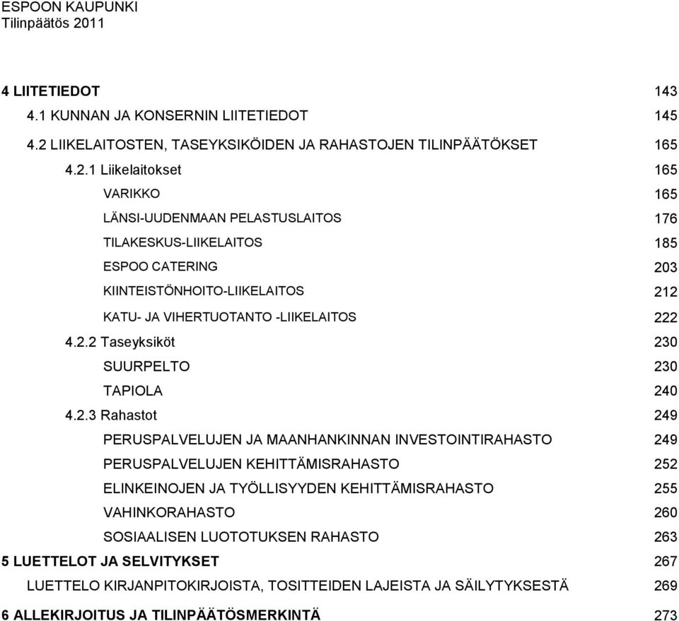 1 Liikelaitokset 165 VARIKKO 165 LÄNSI-UUDENMAAN PELASTUSLAITOS 176 TILAKESKUS-LIIKELAITOS 185 ESPOO CATERING 203 KIINTEISTÖNHOITO-LIIKELAITOS 212 KATU- JA VIHERTUOTANTO -LIIKELAITOS 222