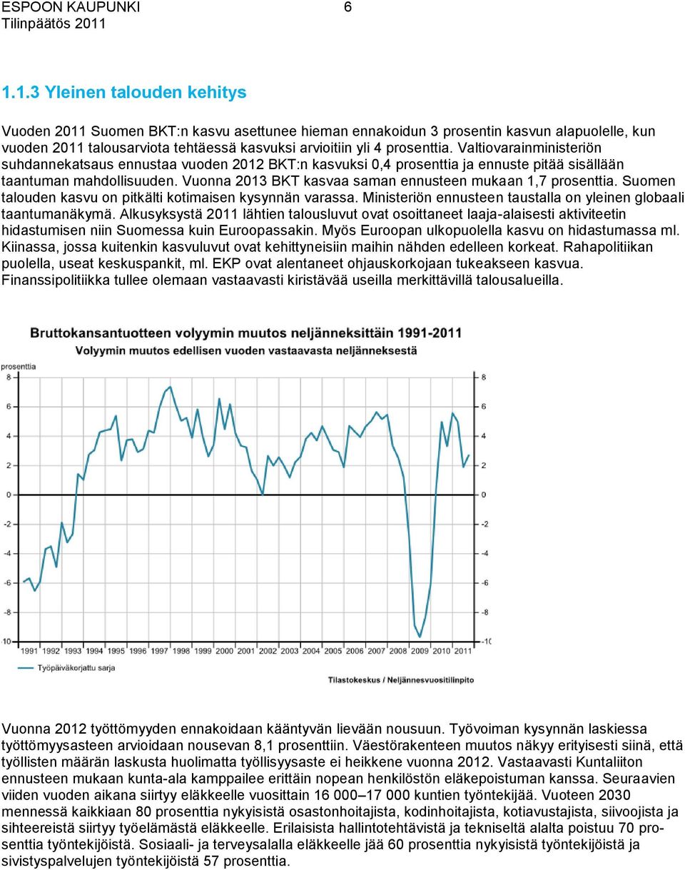 Valtiovarainministeriön suhdannekatsaus ennustaa vuoden 2012 BKT:n kasvuksi 0,4 prosenttia ja ennuste pitää sisällään taantuman mahdollisuuden.