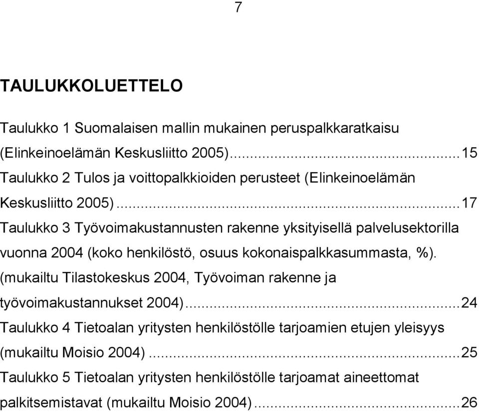 .. 17 Taulukko 3 Työvoimakustannusten rakenne yksityisellä palvelusektorilla vuonna 2004 (koko henkilöstö, osuus kokonaispalkkasummasta, %).