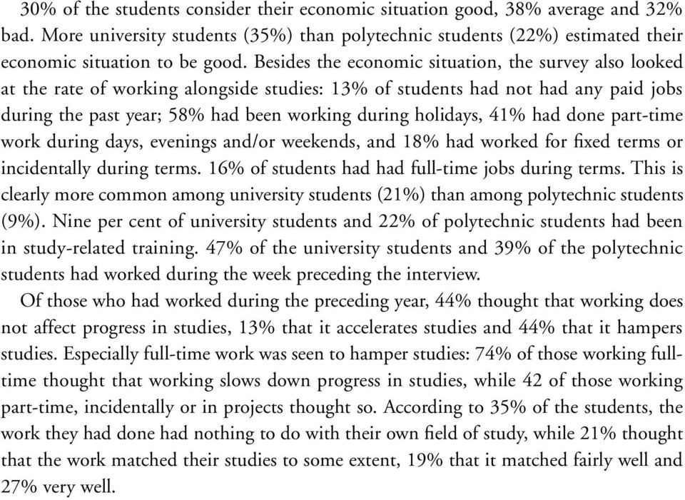 41% had done parttime work during days, evenings and/or weekends, and 18% had worked for fixed terms or incidentally during terms. 16% of students had had fulltime jobs during terms.