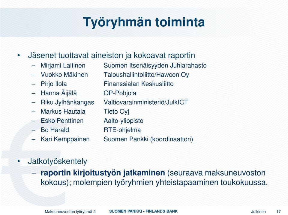 Markus Hautala Tieto Oyj Esko Penttinen Aalto-yliopisto Bo Harald RTE-ohjelma Kari Kemppainen Suomen Pankki (koordinaattori) Jatkotyöskentely