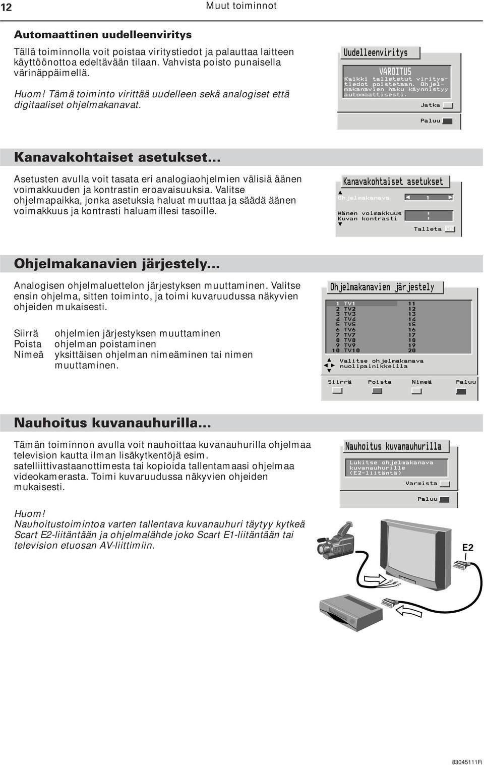 Jatka Kanavakohtaiset asetukset... Asetusten avulla voit tasata eri analogiaohjelmien välisiä äänen voimakkuuden ja kontrastin eroavaisuuksia.