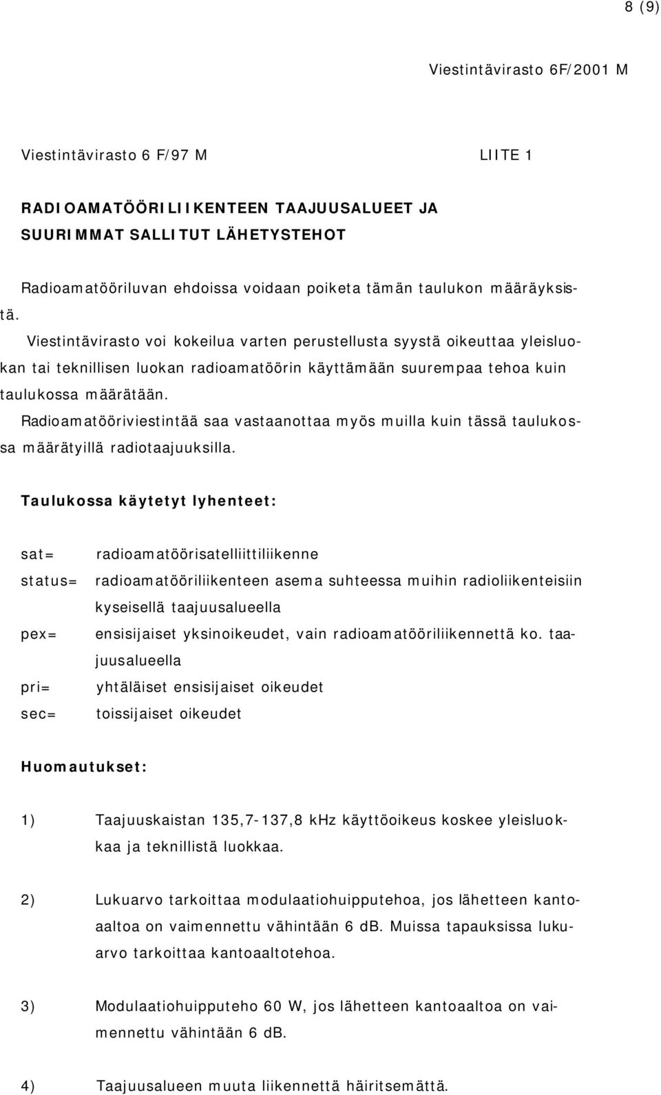 Radioamatööriviestintää saa vastaanottaa myös muilla kuin tässä taulukossa määrätyillä radiotaajuuksilla.