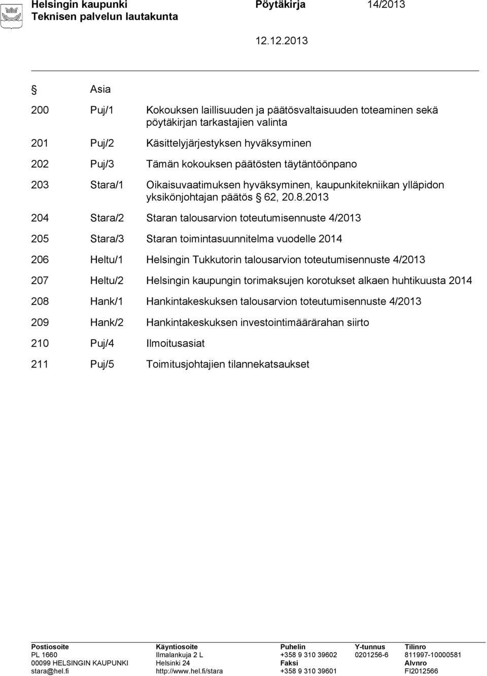 2013 204 Stara/2 Staran talousarvion toteutumisennuste 4/2013 205 Stara/3 Staran toimintasuunnitelma vuodelle 2014 206 Heltu/1 Helsingin Tukkutorin talousarvion toteutumisennuste 4/2013 207 Heltu/2