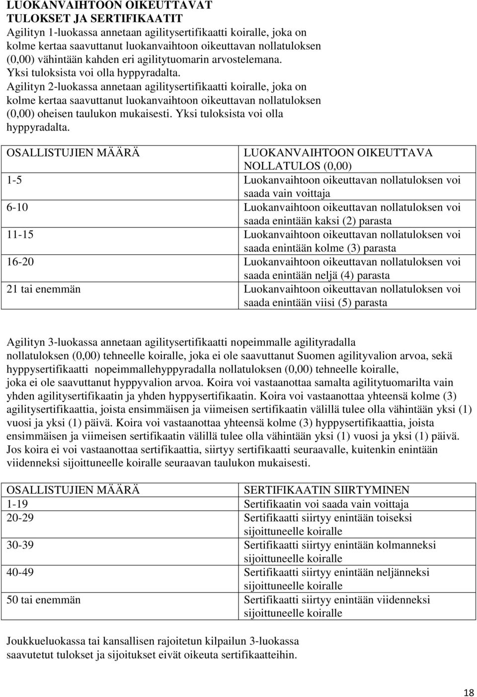 Agilityn 2 luokassa annetaan agilitysertifikaatti koiralle, joka on kolme kertaa saavuttanut luokanvaihtoon oikeuttavan nollatuloksen (0,00) oheisen taulukon mukaisesti.