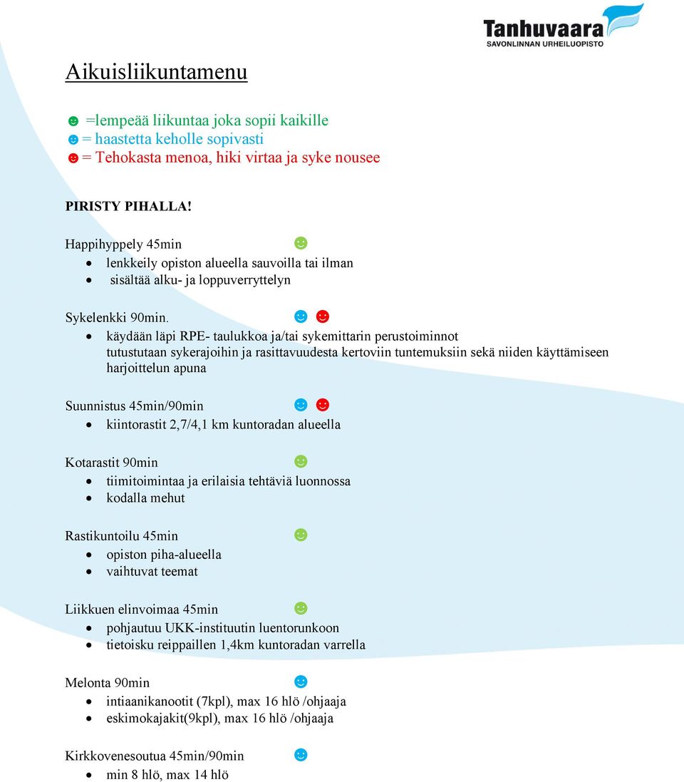 käydään läpi RPE- taulukkoa ja/tai sykemittarin perustoiminnot tutustutaan sykerajoihin ja rasittavuudesta kertoviin tuntemuksiin sekä niiden käyttämiseen harjoittelun apuna Suunnistus 45min/90min