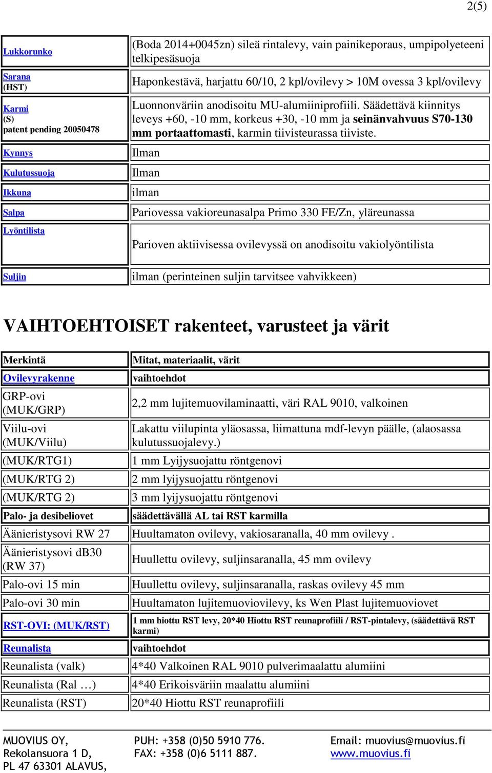 Säädettävä kiinnitys leveys +60, -10 mm, krkeus +30, -10 mm ja seinänvahvuus S70-130 mm prtaattmasti, karmin tiivisteurassa tiiviste.