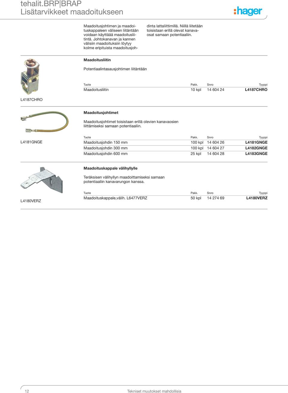 Maadoitusliitin Potentiaalintasausjohtimen liitäntään Maadoitusliitin 10 kpl 14 604 24 L4187CHRO L4187CHRO Maadoitusjohtimet Maadoitusjohtimet toisistaan erillä olevien kanavaosien liittämiseksi