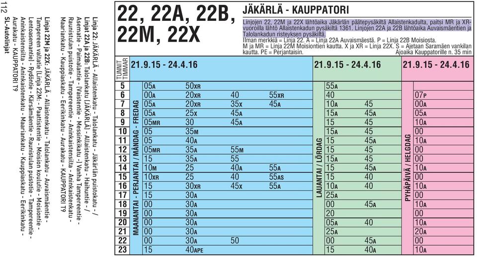 M ja MR = Linja 22M Moisiontien kautta. X ja XR = Linja 22X. S = Ajetaan Saramäen vankilan kautta. PE = Perjantaisin. Ajoaika Kauppatorille n.