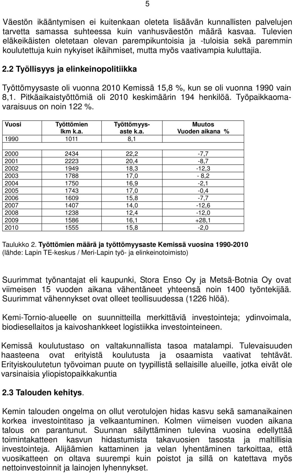 2 Työllisyys ja elinkeinopolitiikka Työttömyysaste oli vuonna 2010 Kemissä 15,8 %, kun se oli vuonna 1990 vain 8,1. Pitkäaikaistyöttömiä oli 2010 keskimäärin 194 henkilöä.