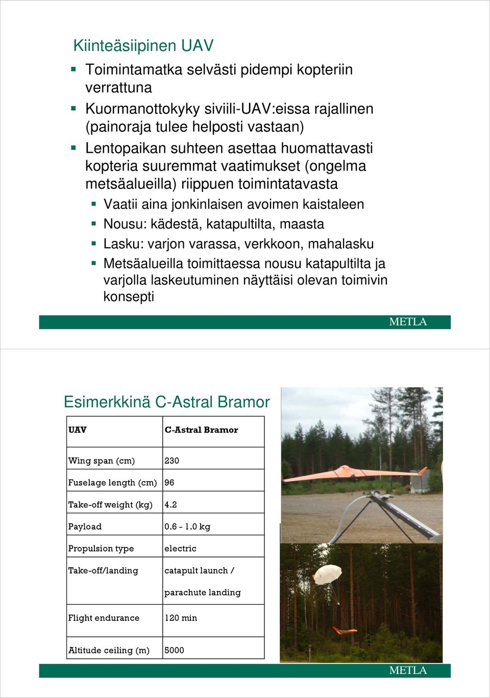 varassa, verkkoon, mahalasku Metsäalueilla toimittaessa nousu katapultilta ja varjolla laskeutuminen näyttäisi olevan toimivin konsepti Esimerkkinä C-Astral Bramor UAV C-Astral Bramor Wing