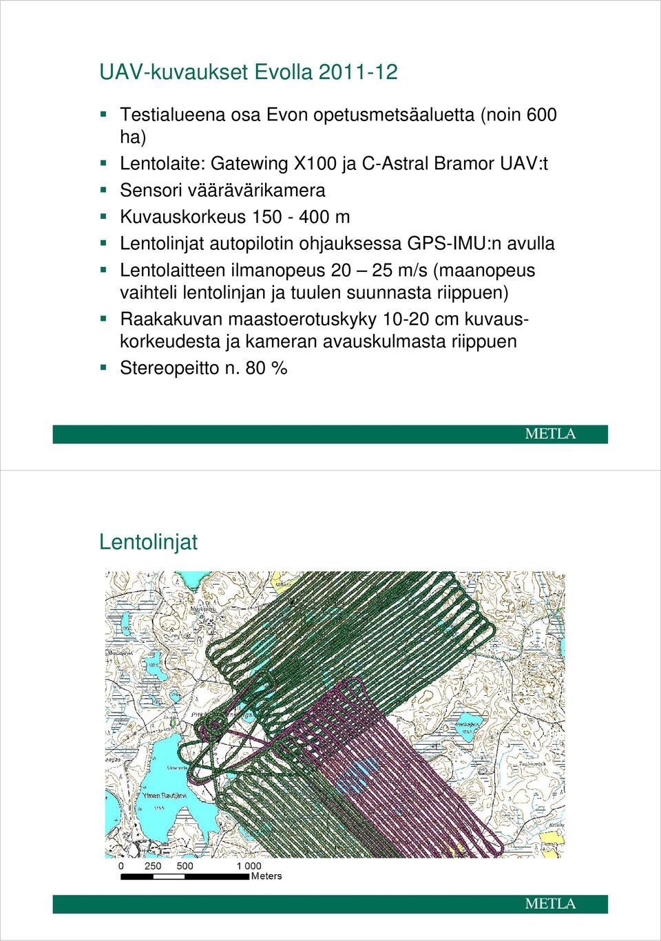 GPS-IMU:n avulla Lentolaitteen ilmanopeus 20 25 m/s (maanopeus vaihteli lentolinjan ja tuulen suunnasta riippuen)