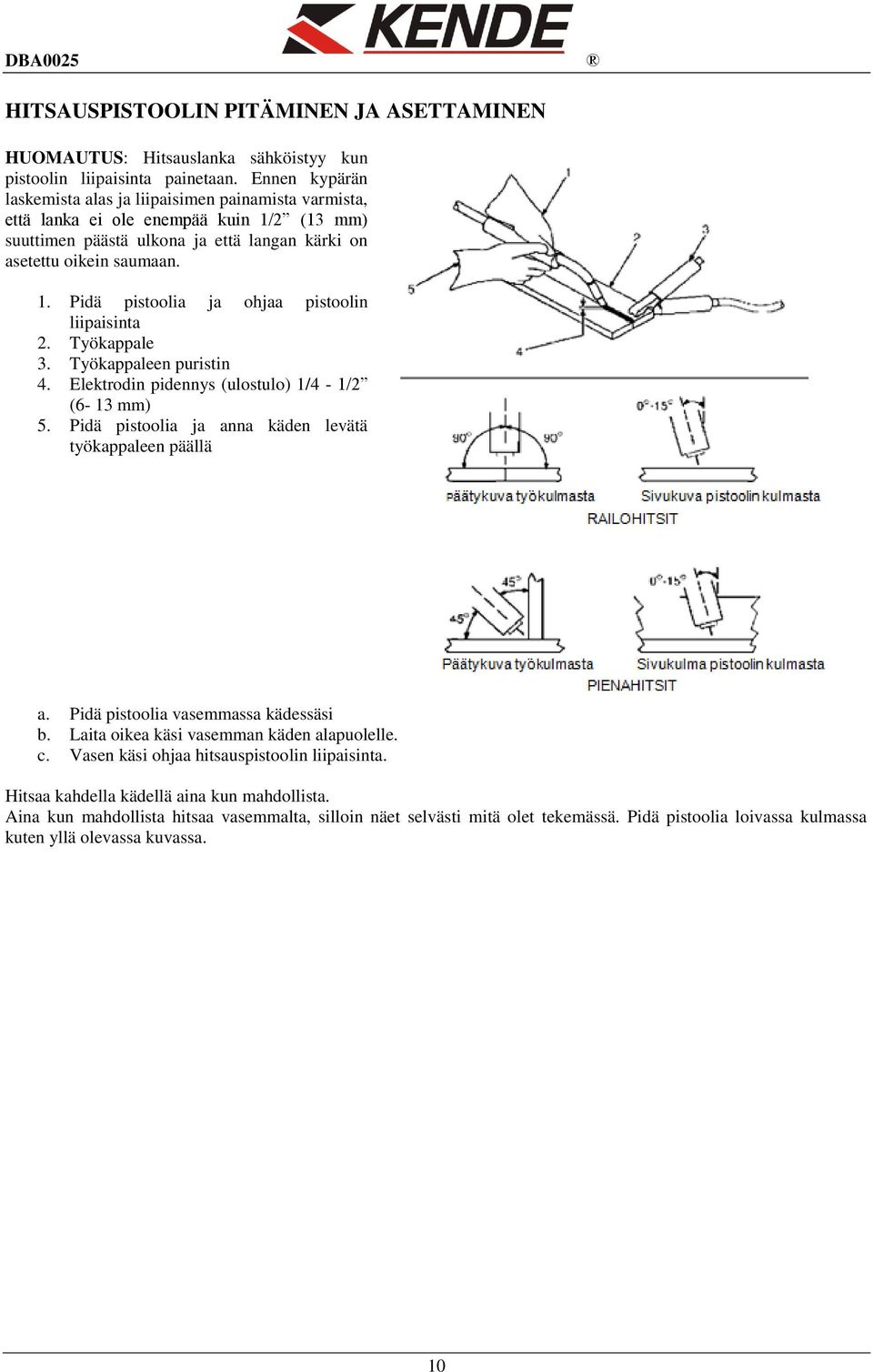Työkappale 3. Työkappaleen puristin 4. Elektrodin pidennys (ulostulo) 1/4-1/2 (6-13 mm) 5. Pidä pistoolia ja anna käden levätä työkappaleen päällä a. Pidä pistoolia vasemmassa kädessäsi b.