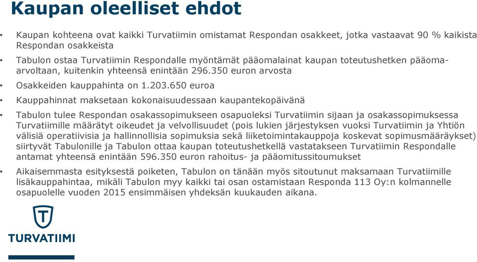 650 euroa Kauppahinnat maksetaan kokonaisuudessaan kaupantekopäivänä Tabulon tulee Respondan osakassopimukseen osapuoleksi Turvatiimin sijaan ja osakassopimuksessa Turvatiimille määrätyt oikeudet ja