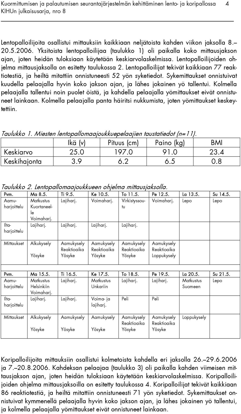 Lentopalloilijoita osallistui mittauksiin kaikkiaan neljätoista kahden viikon jaksolla 8. 2.5.26.