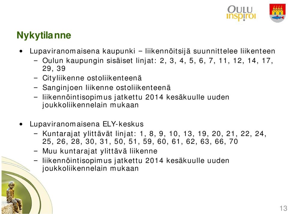 joukkoliikennelain mukaan Lupaviranomaisena ELY-keskus Kuntarajat ylittävät linjat: 1, 8, 9, 10, 13, 19, 20, 21, 22, 24, 25, 26, 28, 30,