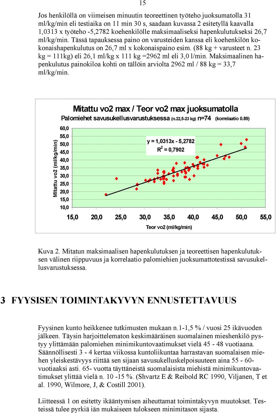 23 kg = 111kg) eli 26,1 ml/kg x 111 kg =2962 ml eli 3,0 l/min. Maksimaalinen hapenkulutus painokiloa kohti on tällöin arviolta 2962 ml / 88 kg = 33,7 ml/kg/min.