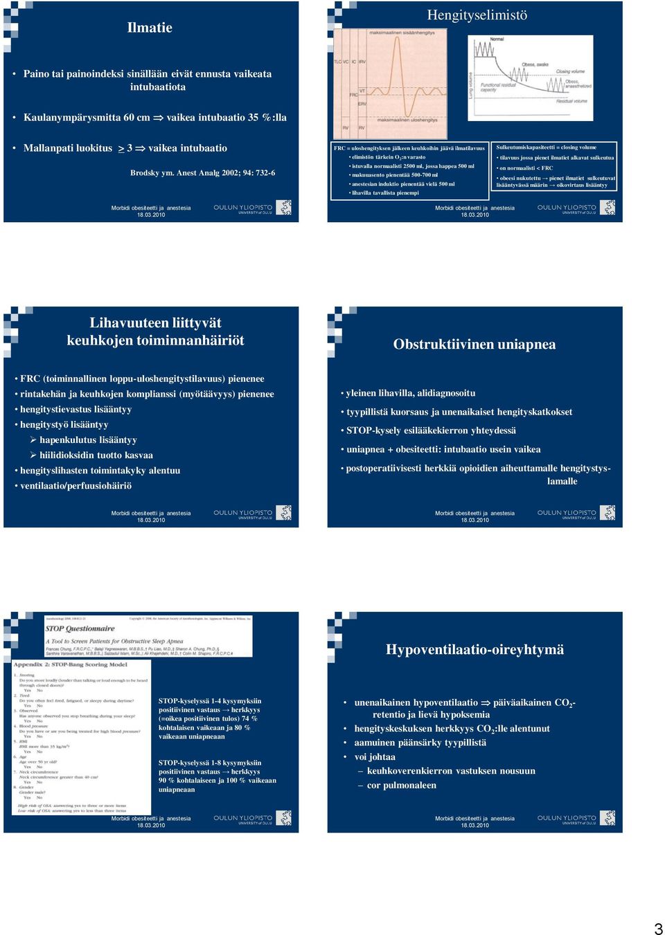 ml anestesian induktio pienentää vielä 500 ml lihavilla tavallista pienempi Sulkeutumiskapasiteetti = closing volume tilavuus jossa pienet ilmatiet alkavat sulkeutua on normaalisti < FRC obeesi