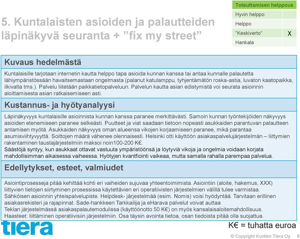 Palvelun kautta asian edistymistä voi seurata asioinnin aloittamisesta asian ratkaisemiseen asti. Läpinäkyvyys kuntalaisille asioinnista kunnan kanssa paranee merkittävästi.