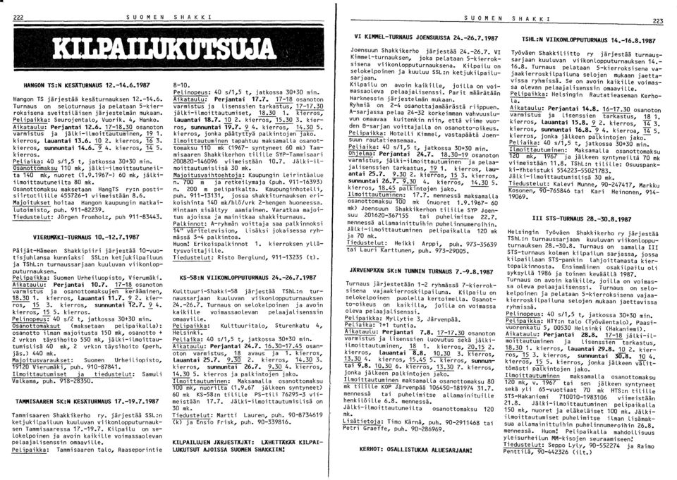 6.~ 4. kierros, 14 5. kierros. - - Peliaika: 40 s/1,5 t, jatkossa 30+30 min. Osanottomaksu 110 mk, jälki-ilmoittautuneilta 140 mk, nuoret (1.9.1967-) 60 mk, jälkiilmoittautuneilta 80 mk.