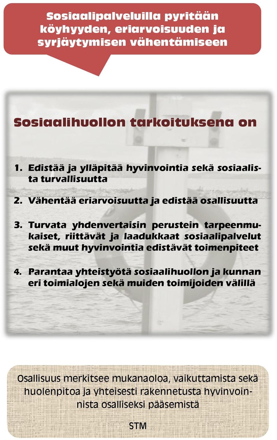 Turvata yhdenvertaisin perustein tarpeenmukaiset, riittävät ja laadukkaat sosiaalipalvelut sekä muut hyvinvointia edistävät toimenpiteet 4.