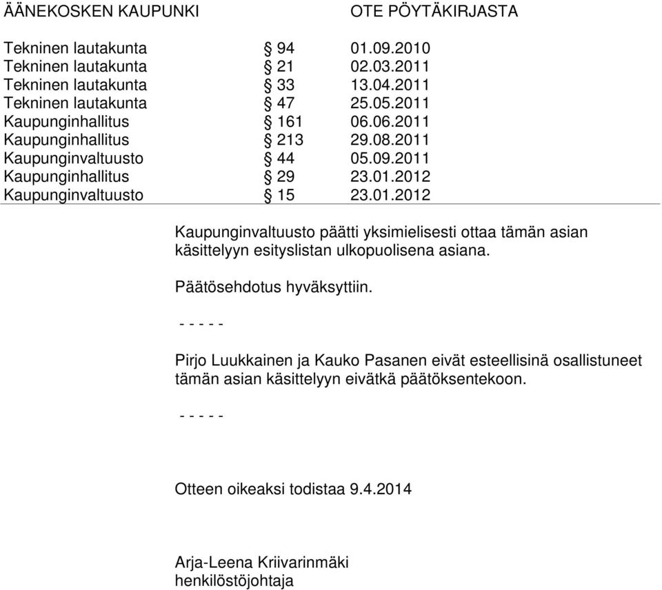 Pirjo Luukkainen ja Kauko Pasanen eivät esteellisinä osallistuneet tämän asian