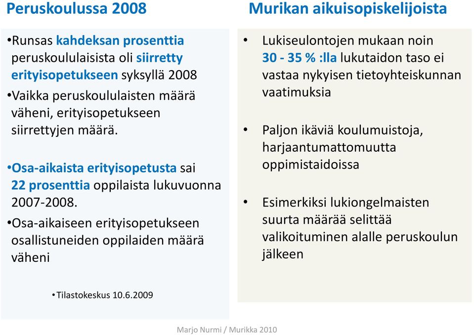 Osa-aikaiseen erityisopetukseen osallistuneiden oppilaiden määrä väheni Murikan aikuisopiskelijoista Lukiseulontojen mukaan noin 30-35 % :lla lukutaidon taso ei