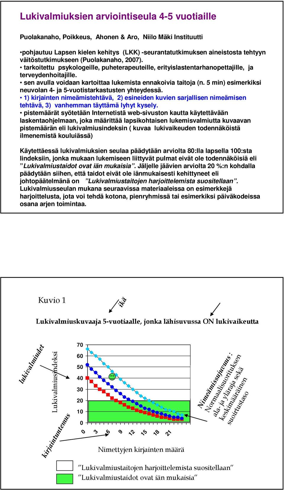 sen avulla voidaan kartoittaa lukemista ennakoivia taitoja (n. 5 min) esimerkiksi neuvolan 4- ja 5-vuotistarkastusten yhteydessä.