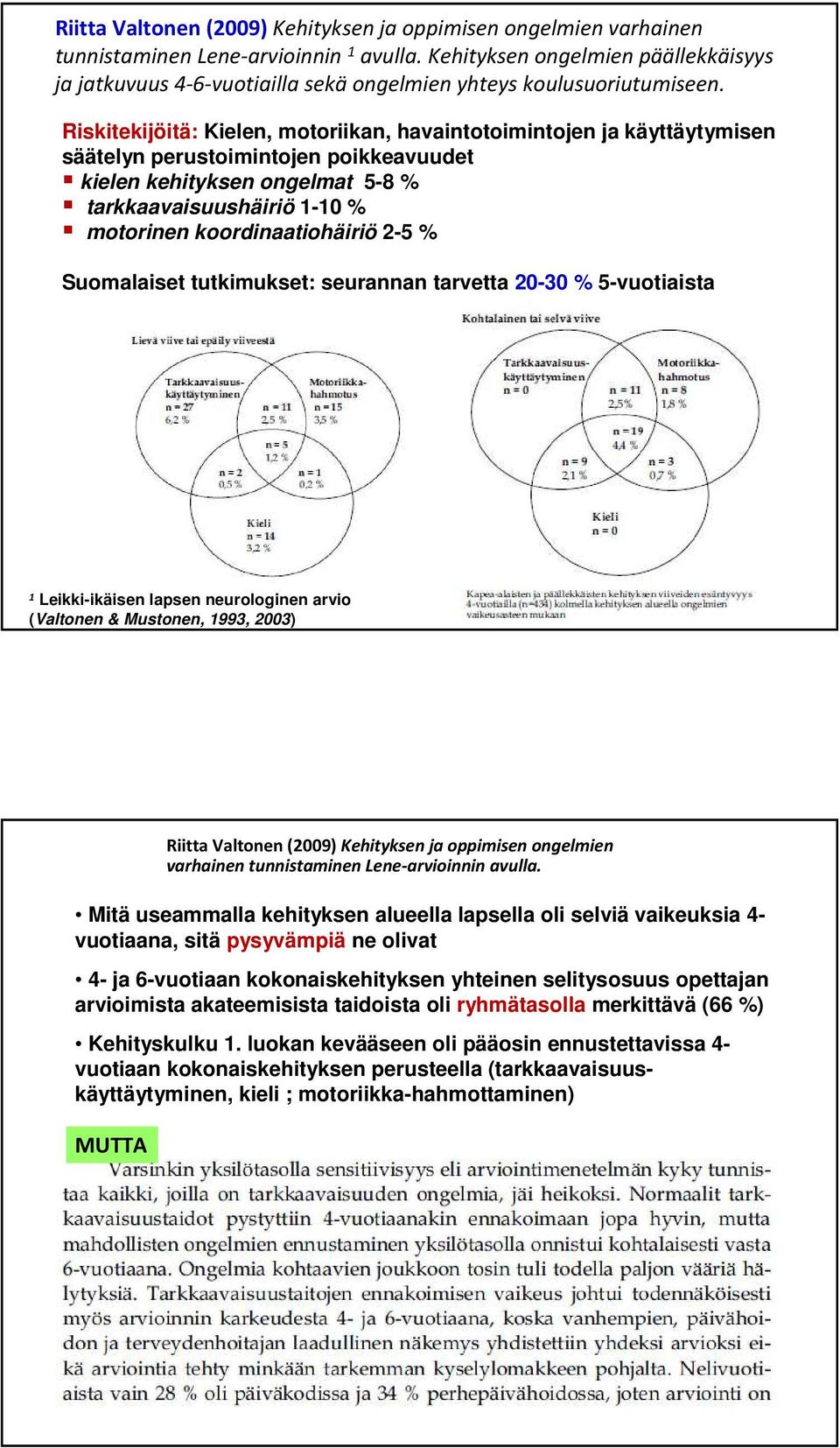 Riskitekijöitä: Kielen, motoriikan, havaintotoimintojen ja käyttäytymisen säätelyn perustoimintojen poikkeavuudet kielen kehityksen ongelmat 5-8 % tarkkaavaisuushäiriö 1-10 % motorinen