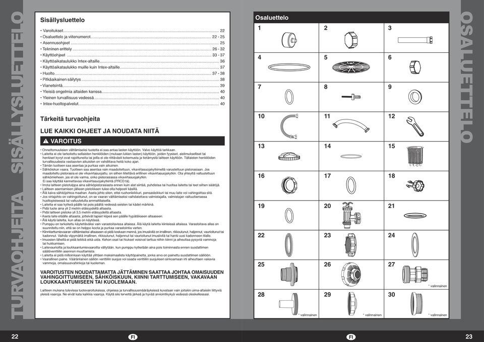 .. 40 Intex-huoltopalvelut...... 40 Tärkeitä turvaohjeita LUE KAIKKI OHJEET JA NOUDATA NIITÄ Onnettomuuksien välttämiseksi tuotetta ei saa antaa lasten käyttöön. Valvo käyttöä tarkkaan.