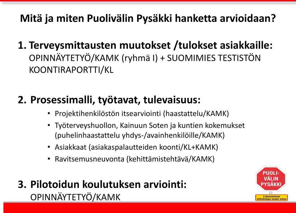 Prosessimalli, työtavat, tulevaisuus: Projektihenkilöstön itsearviointi (haastattelu/kamk) Työterveyshuollon, Kainuun Soten ja