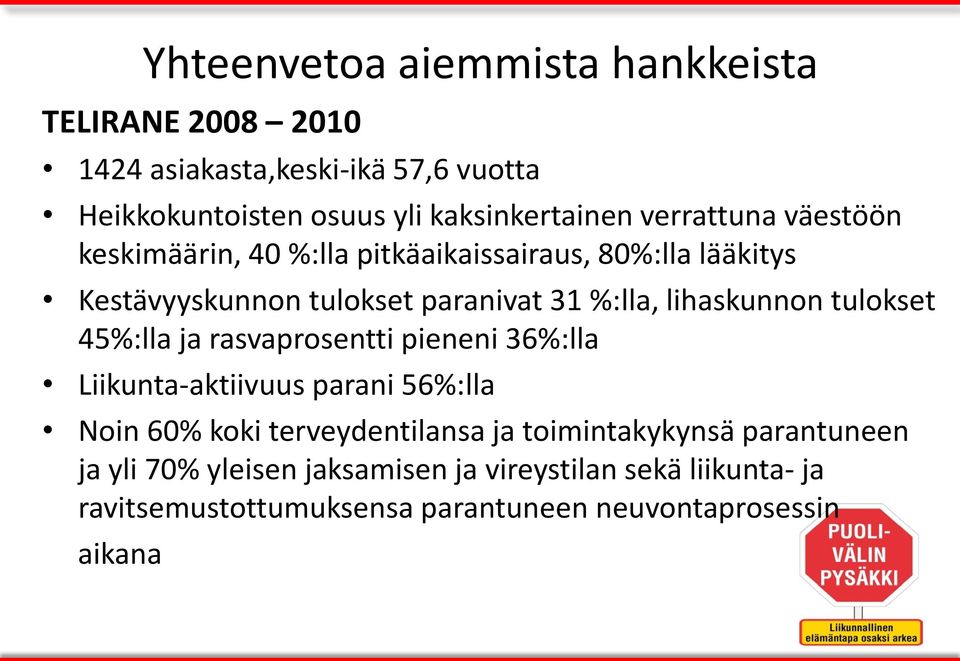 lihaskunnon tulokset 45%:lla ja rasvaprosentti pieneni 36%:lla Liikunta-aktiivuus parani 56%:lla Noin 60% koki terveydentilansa ja