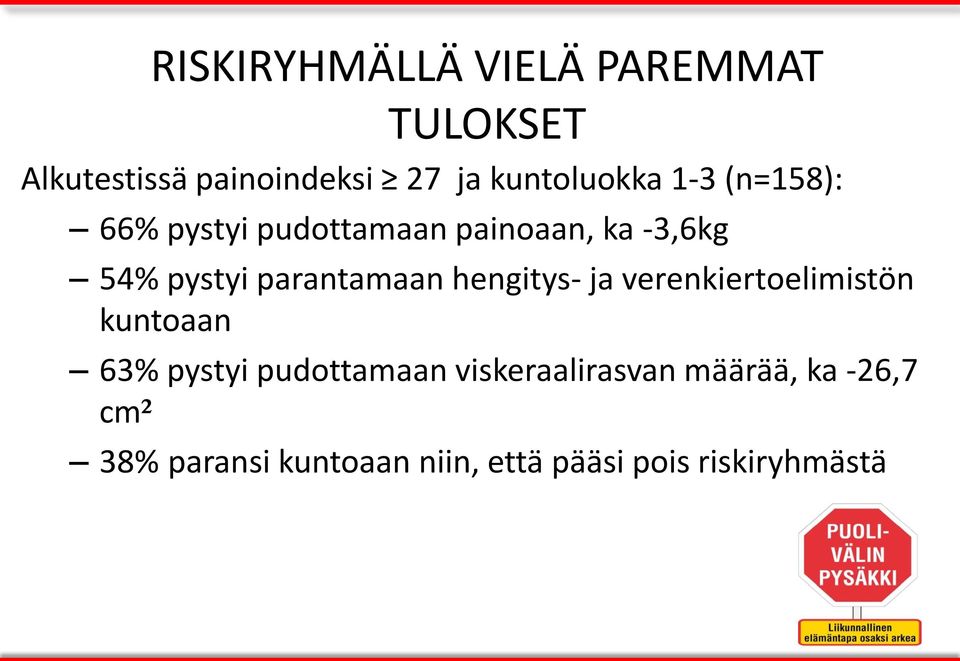 parantamaan hengitys- ja verenkiertoelimistön kuntoaan 63% pystyi pudottamaan