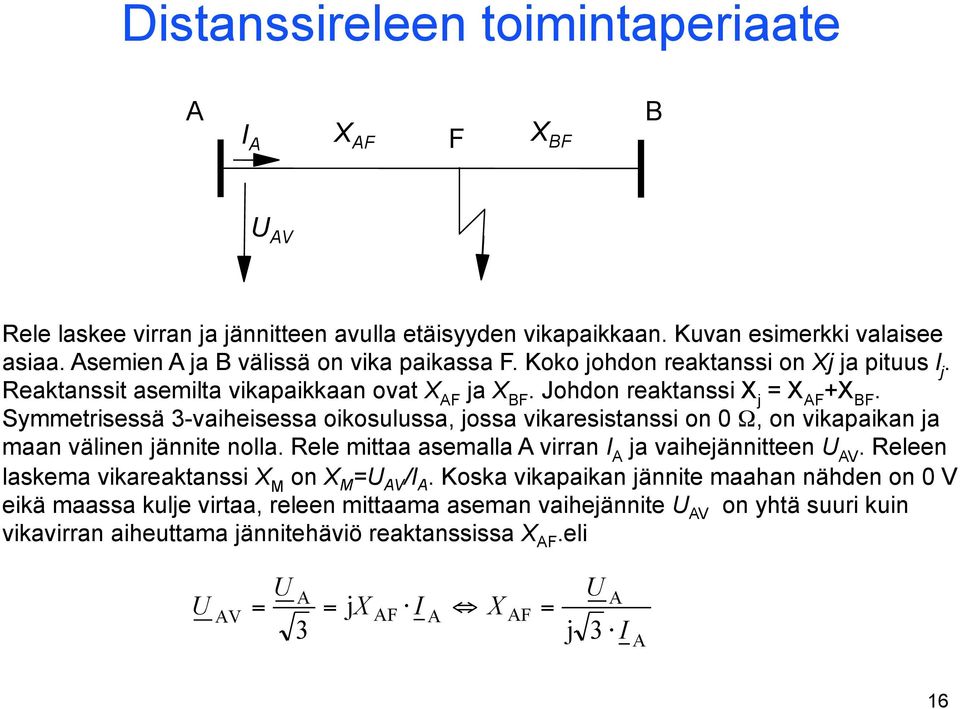 Symmetrisessä 3-vaiheisessa oikosulussa, jossa vikaresistanssi on 0 Ω, on vikapaikan ja maan välinen jännite nolla. Rele mittaa asemalla A virran I A ja vaihejännitteen U AV.