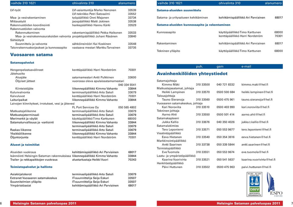 33840 Sähkötyöt Suunnittelu ja valvonta sähköinsinööri Kai Koskinen 33548 Talonrakennuskorjaukset ja kunnossapito vastaava mestari Markku Tarvainen 33735 Vuosaaren satama Hengenpelastusvälineet