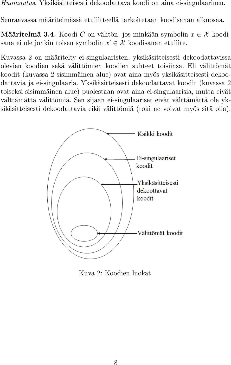 Kuvassa 2 on määritelty ei-singulaaristen, yksikäsitteisesti dekoodattavissa olevien koodien sekä välittömien koodien suhteet toisiinsa.