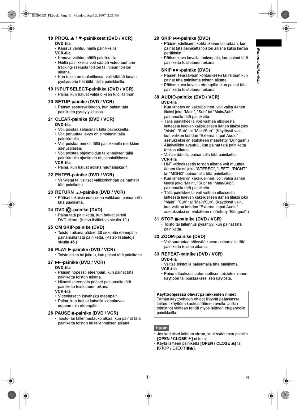 19 INPUT SELECT-painikke (DVD / VCR) Paina, kun haluat valita oikean tuloliitännän. 20 SETUP-painike (DVD / VCR) Pääset asetusvalikkoon, kun painat tätä painiketta pysäytystilassa.