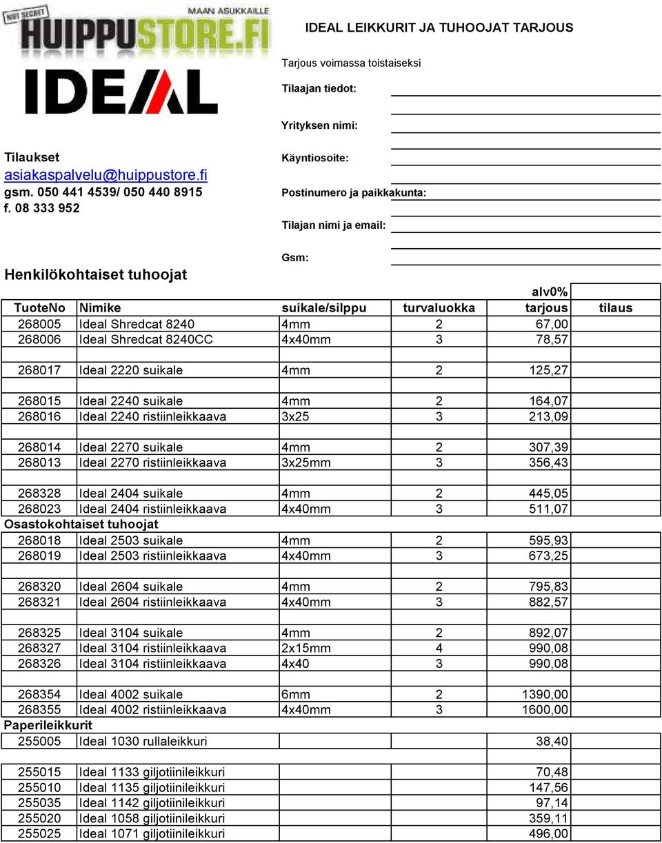 4mm 2 67,00 268006 Ideal Shredcat 8240CC 4x40mm 3 78,57 268017 Ideal 2220 suikale 4mm 2 125,27 268015 Ideal 2240 suikale 4mm 2 164,07 268016 Ideal 2240 ristiinleikkaava 3x25 3 213,09 268014 Ideal