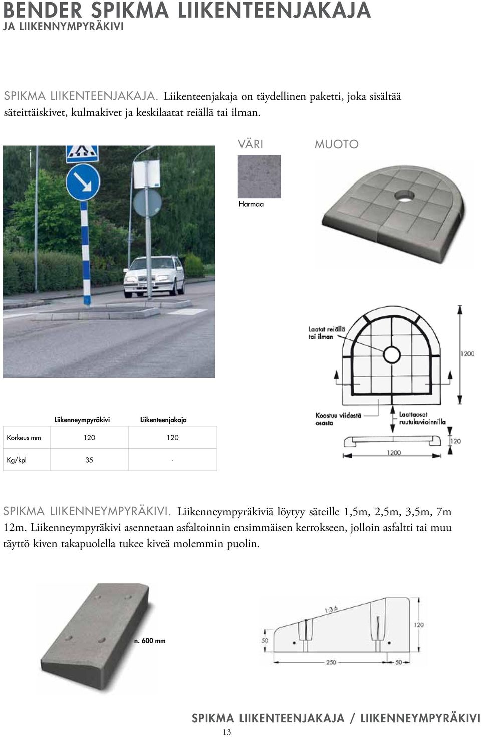 väri muoto Harmaa Liikenneympyräkivi Liikenteenjakaja Korkeus mm 120 120 Kg/kpl 35 - spikma LIIKENNEYMPYRÄKIVI.