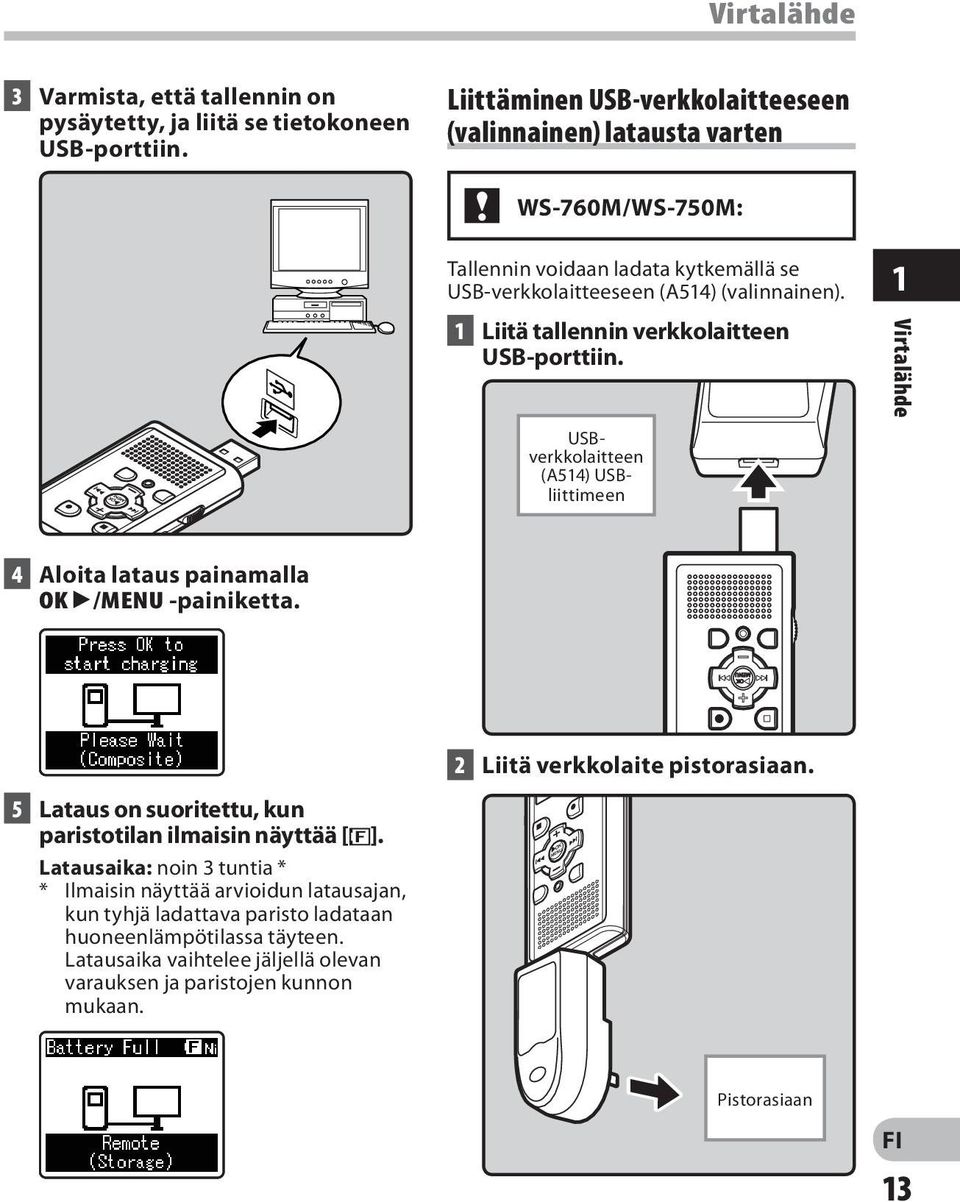 1 Liitä tallennin verkkolaitteen USB-porttiin. USBverkkolaitteen (A514) USBliittimeen 1 Virtalähde 4 Aloita lataus painamalla OK `/MENU -painiketta.