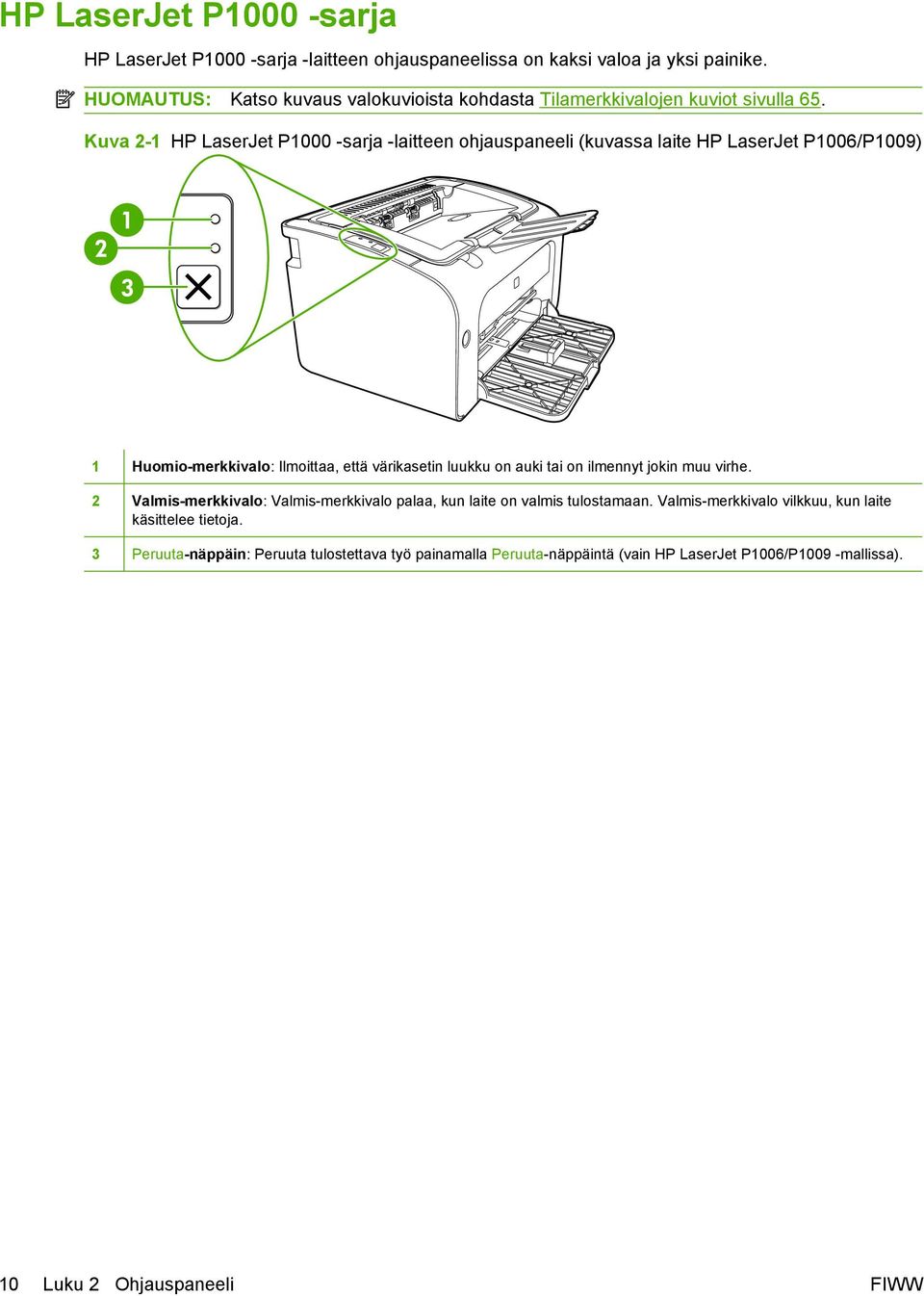 Kuva 2-1 HP LaserJet P1000 -sarja -laitteen ohjauspaneeli (kuvassa laite HP LaserJet P1006/P1009) 1 Huomio-merkkivalo: Ilmoittaa, että värikasetin luukku on auki tai