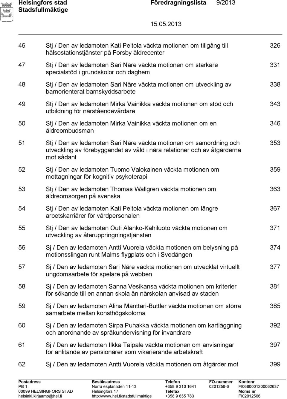 Vainikka väckta motionen om stöd och utbildning för närståendevårdare 50 Stj / Den av ledamoten Mirka Vainikka väckta motionen om en äldreombudsman 51 Stj / Den av ledamoten Sari Näre väckta motionen