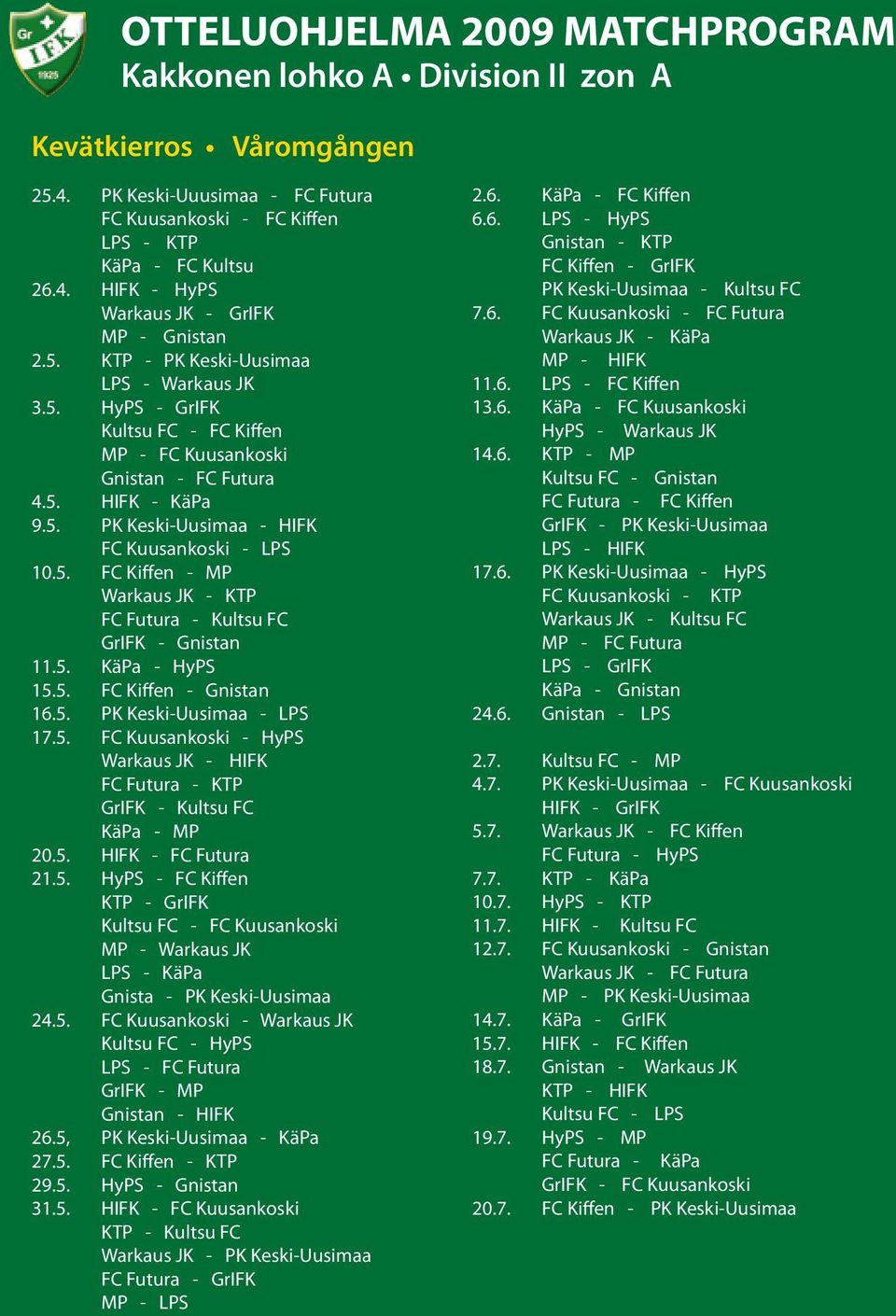 5. KäPa - HyPS 15.5. FC Kiffen - Gnistan 16.5. PK Keski-Uusimaa - LPS 17.5. FC Kuusankoski - HyPS Warkaus JK - HIFK FC Futura - KTP GrIFK - Kultsu FC KäPa - MP 20.5. HIFK - FC Futura 21.5. HyPS - FC Kiffen KTP - GrIFK Kultsu FC - FC Kuusankoski MP - Warkaus JK LPS - KäPa Gnista - PK Keski-Uusimaa 24.