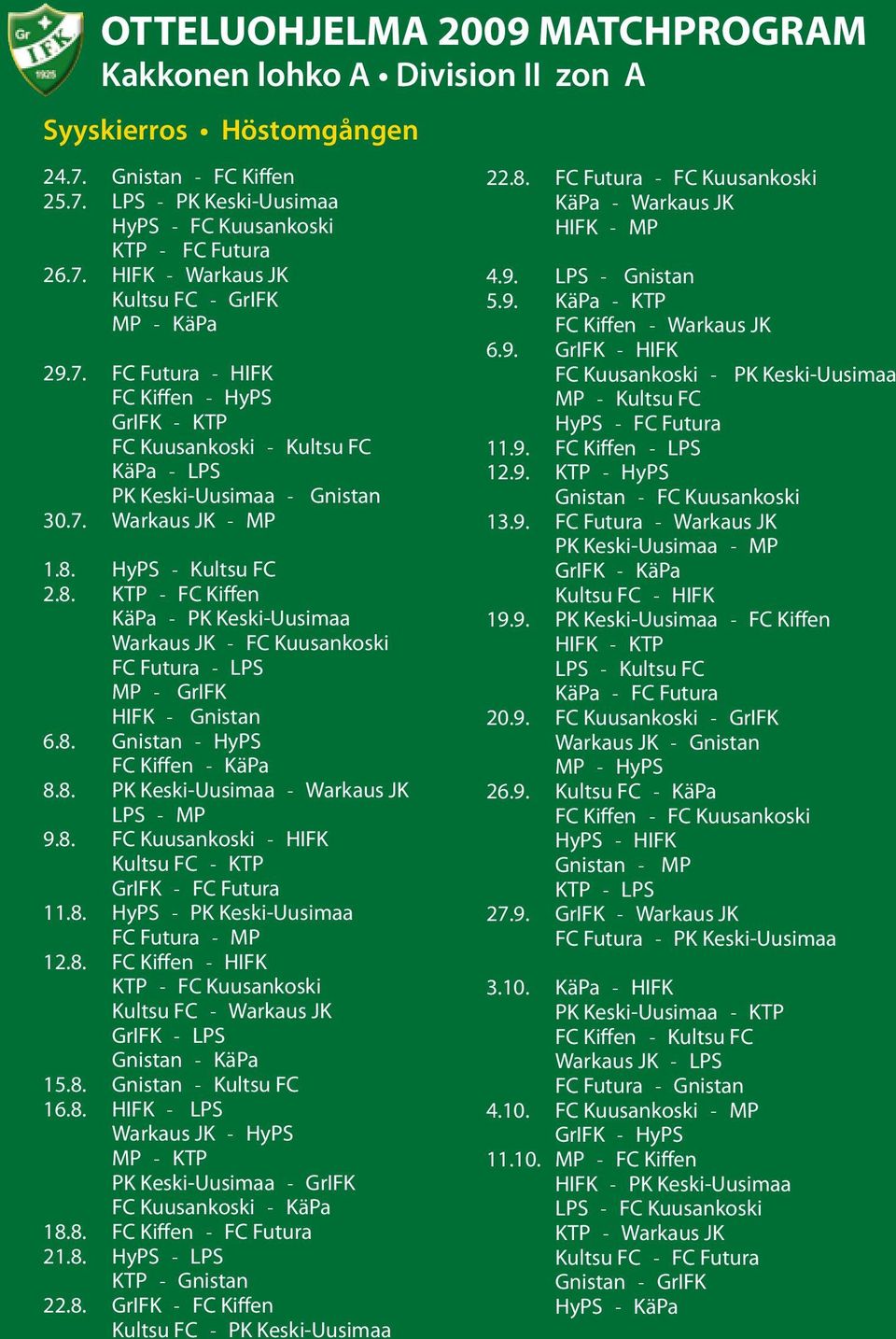 HyPS - Kultsu FC 2.8. KTP - FC Kiffen KäPa - PK Keski-Uusimaa Warkaus JK - FC Kuusankoski FC Futura - LPS MP - GrIFK HIFK - Gnistan 6.8. Gnistan - HyPS FC Kiffen - KäPa 8.8. PK Keski-Uusimaa - Warkaus JK LPS - MP 9.