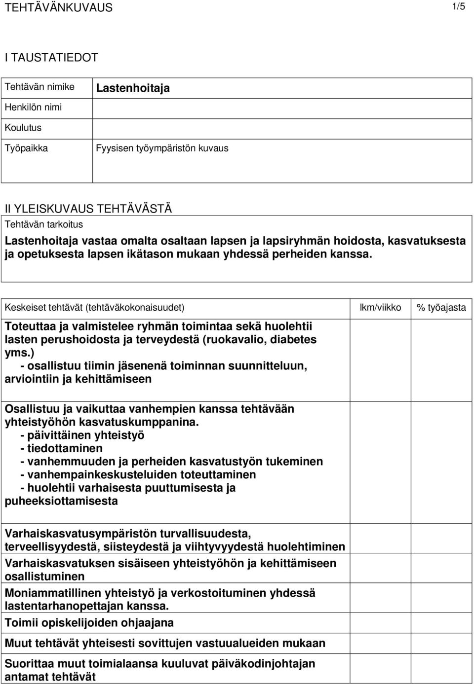 Keskeiset tehtävät (tehtäväkokonaisuudet) lkm/viikko % työajasta Toteuttaa ja valmistelee ryhmän toimintaa sekä huolehtii lasten perushoidosta ja terveydestä (ruokavalio, diabetes yms.