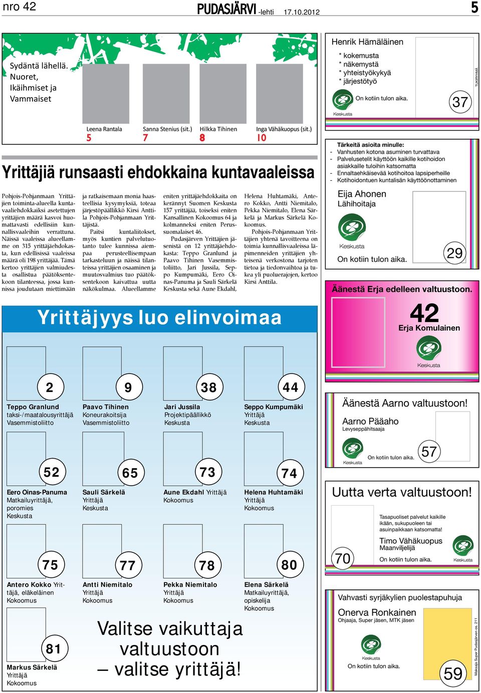 kasvoi huomattavasti edellisiin kunnallisvaaleihin verrattuna. Näissä vaaleissa alueellamme on 315 yrittäjäehdokasta, kun edellisissä vaaleissa määrä oli 198 yrittäjää.